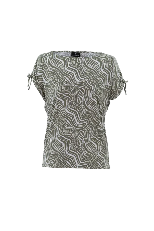 7423- Print Top with Draw Tie Detail-Khaki- Marble