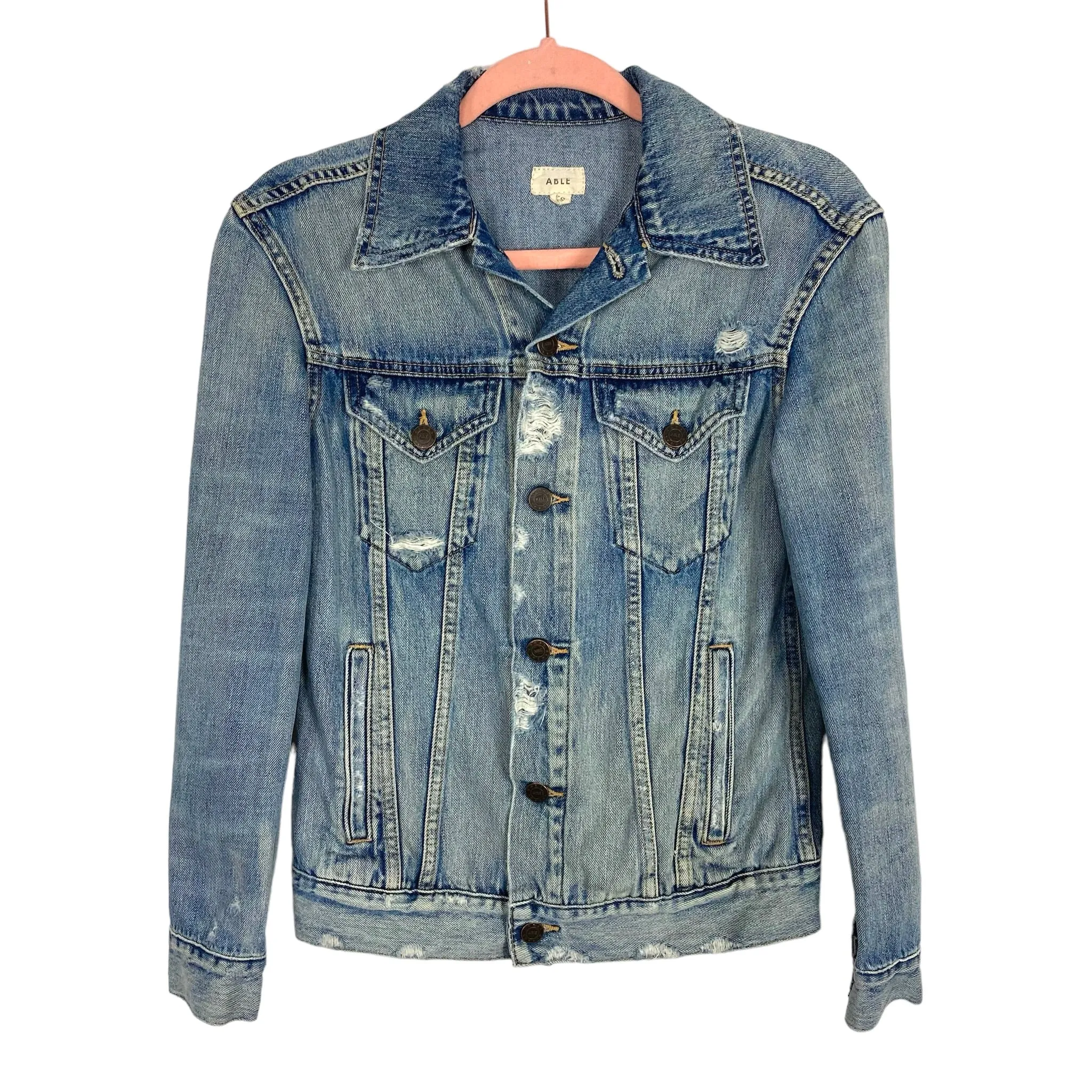 ABLE Distressed Denim Jacket- Size XS