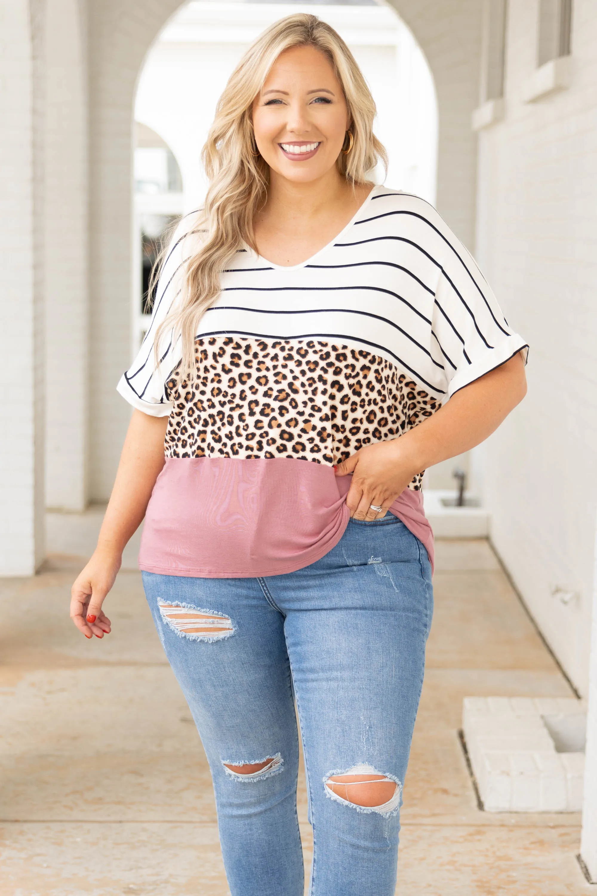 Air Kisses Top, White/Taupe/Blush