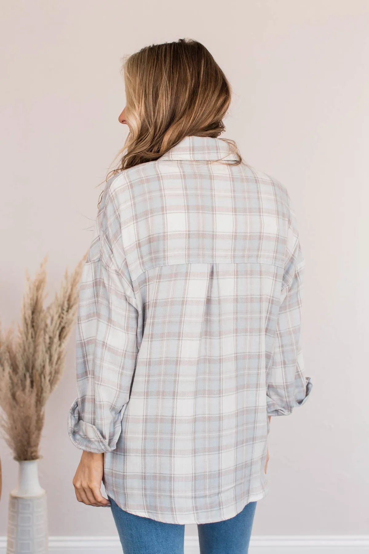 Aspen Adventures Plaid Button Top- Light Blue