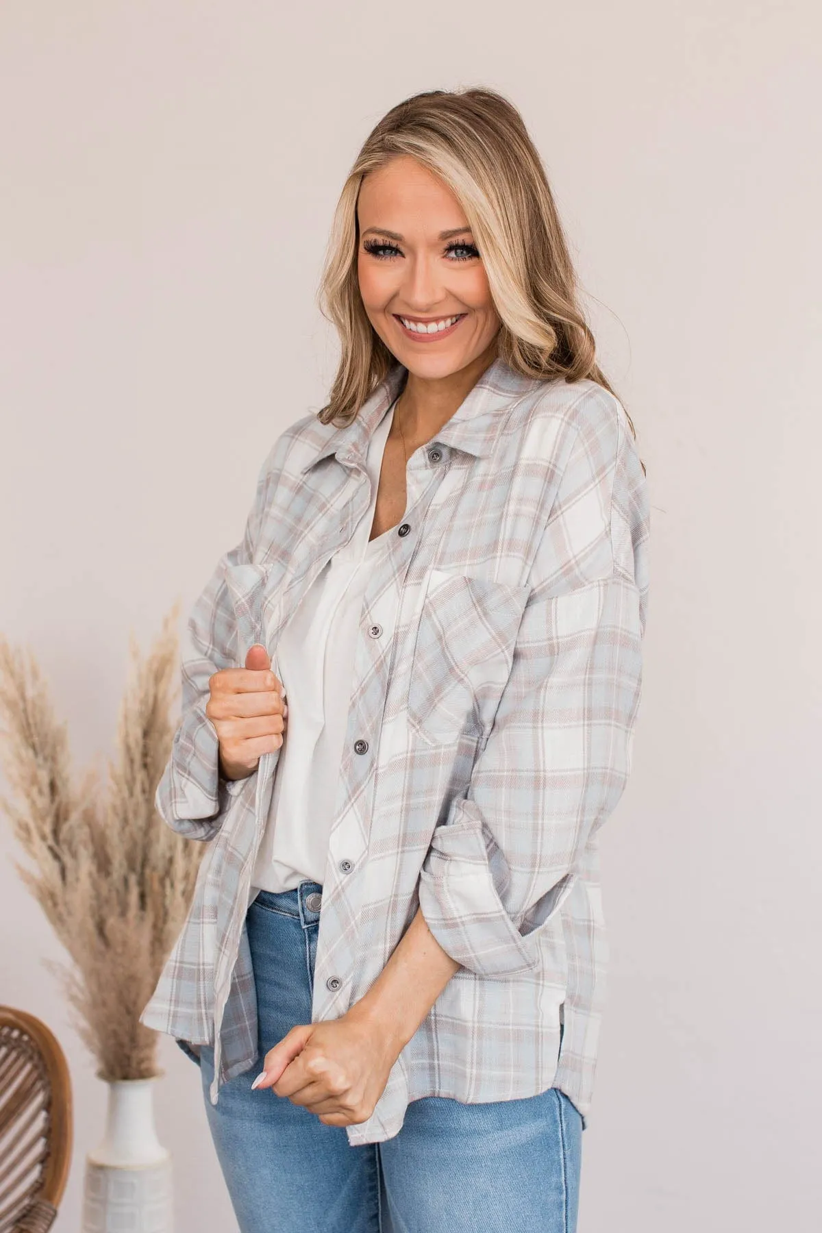 Aspen Adventures Plaid Button Top- Light Blue