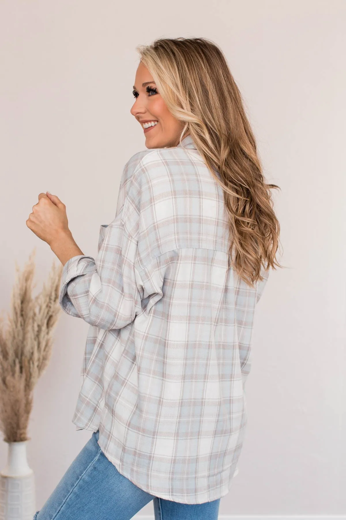 Aspen Adventures Plaid Button Top- Light Blue