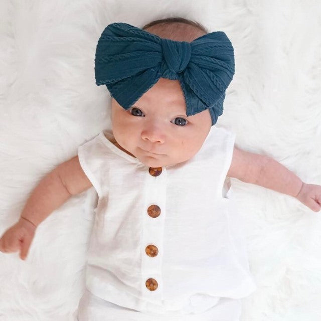 Baby Top Knot Double Bow Headband Navy