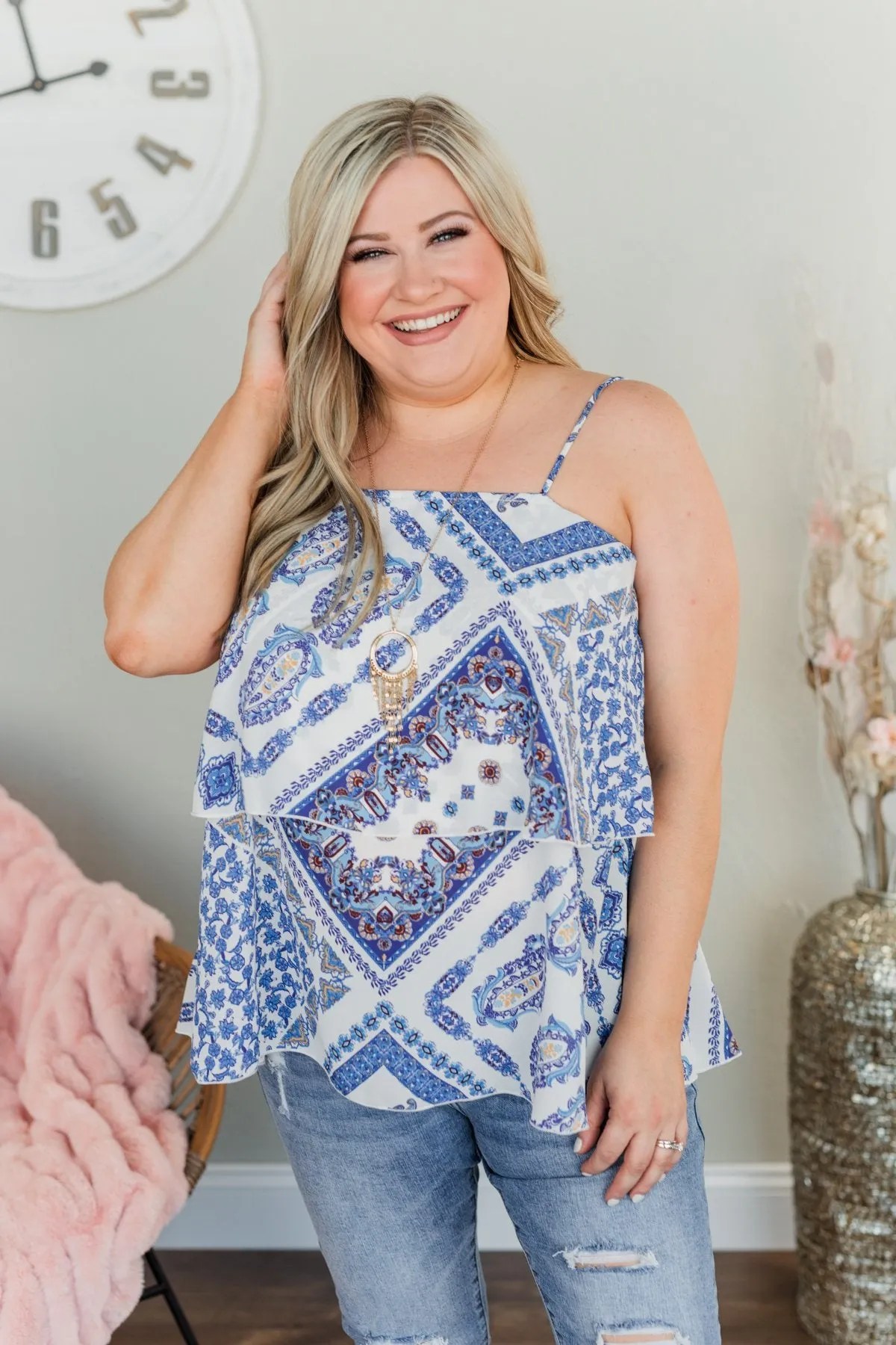 Beautiful Destinations Tiered Tank Top- Blue & Off White