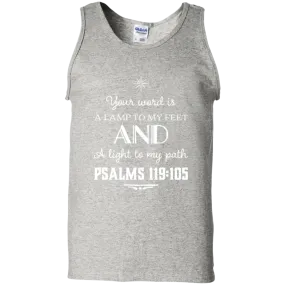 Bible Verse Men 100% Cotton Tank Top - Your Word Is Light To My Path ~Psalm 119:105~ Design 5 (White Font)