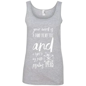 Bible Verses Ladies' 100% Ringspun Cotton Tank Top - Your Word Is Light To My Path ~Psalm 119:105~ Design 18 (White Font)