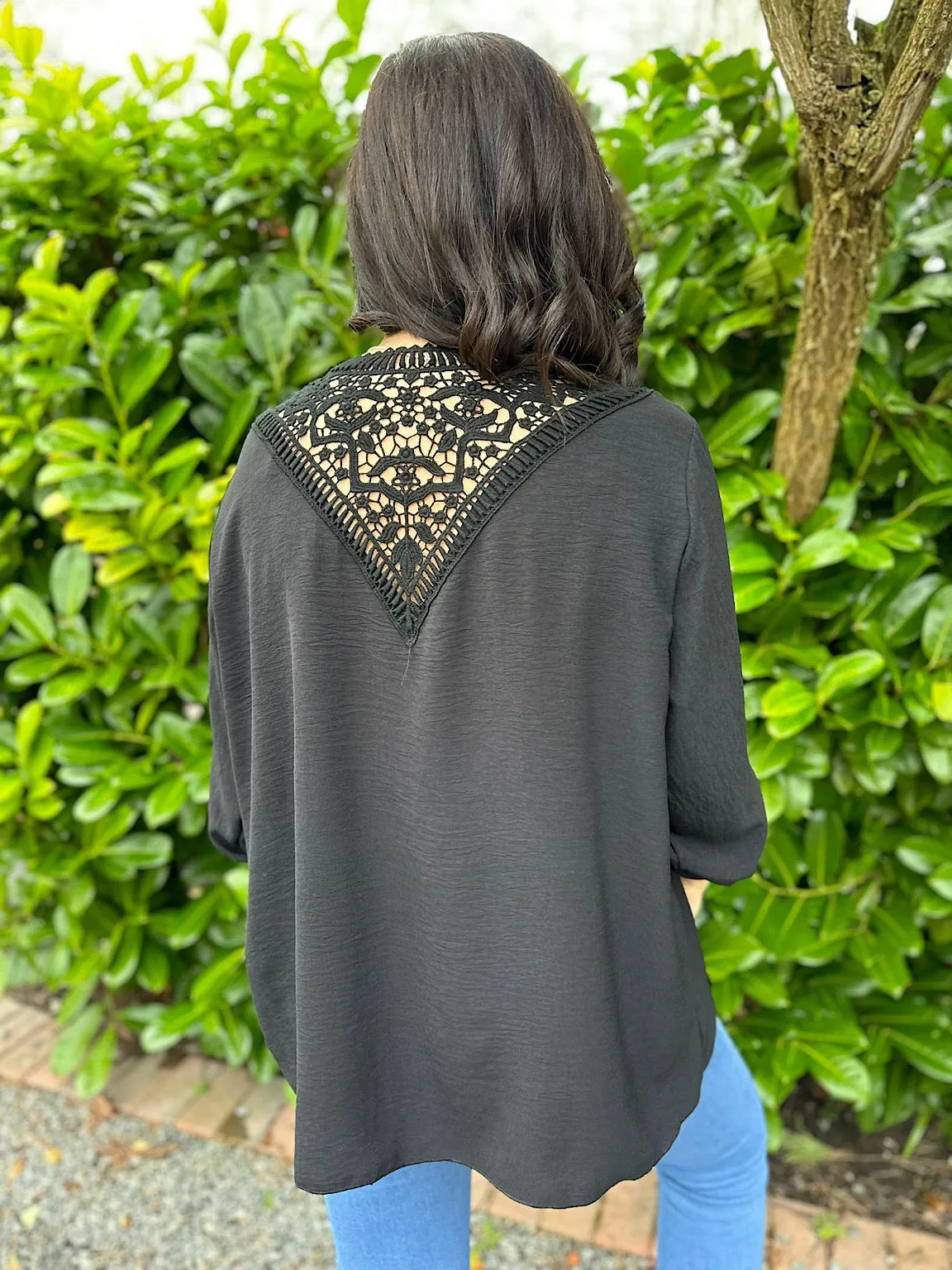 Black Crochet Back Detail Crepe Top Holly