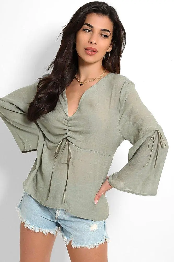 Bleached Khaki Drawstring Details Bell Sleeves Top