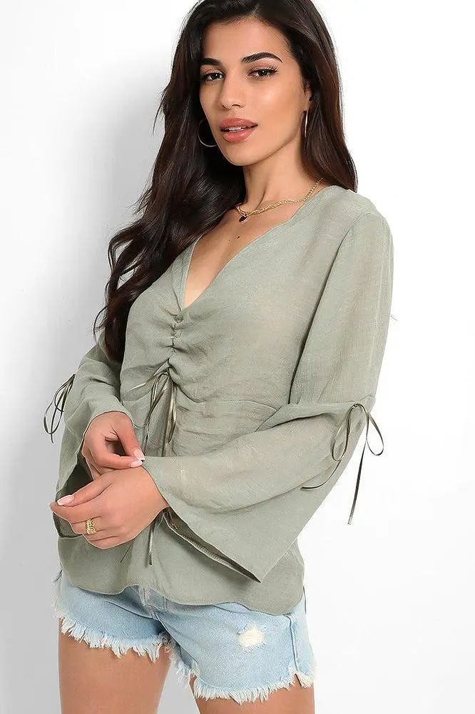 Bleached Khaki Drawstring Details Bell Sleeves Top