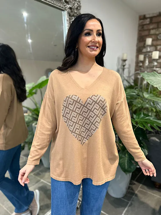 Camel Diamante Heart Knit Gail