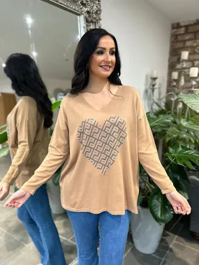 Camel Diamante Heart Knit Gail