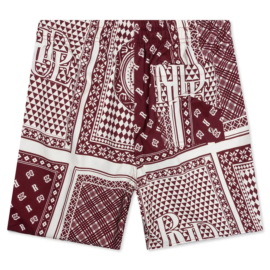 Card Print Swim Short - Maroon/White