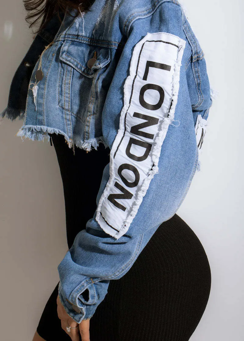 Casual Color Print Letter Denim Jacket