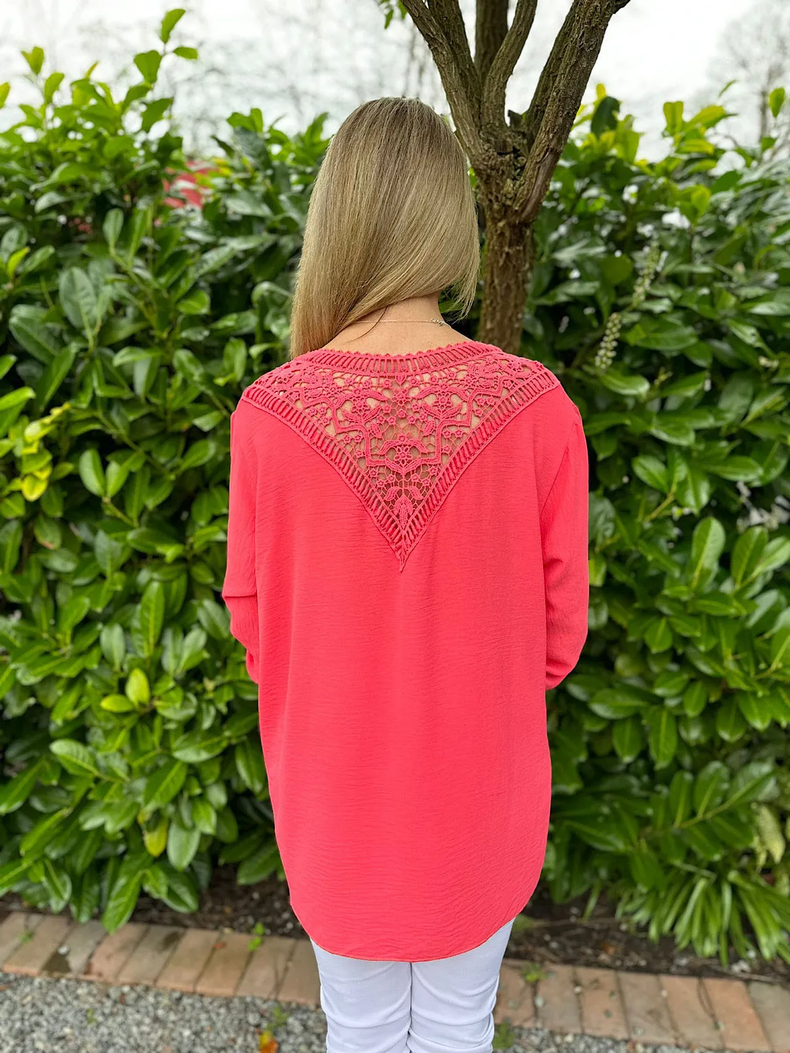 Coral Crochet Back Detail Crepe Top Holly