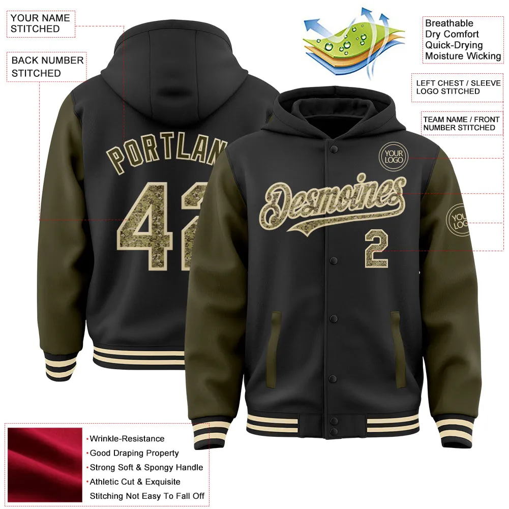 Custom Black Camo Olive-Cream Bomber Full-Snap Varsity Letterman Two Tone Hoodie Jacket