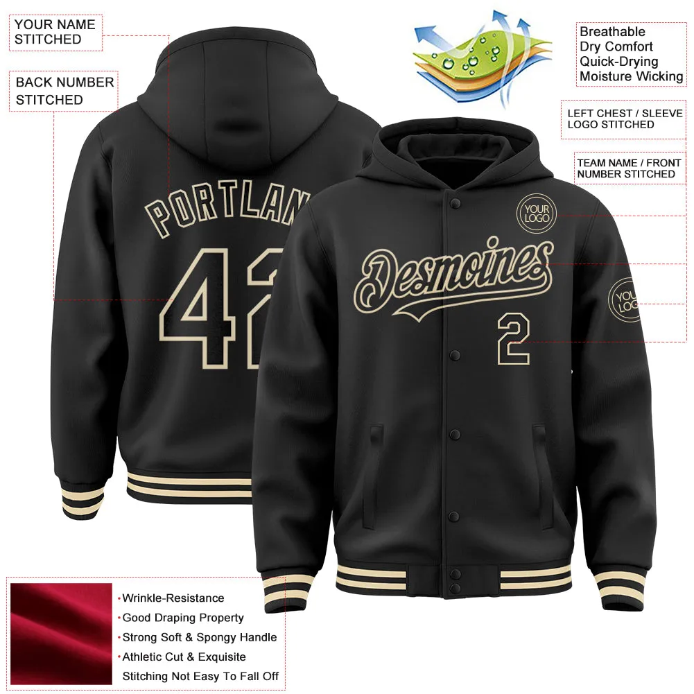 Custom Black Cream Bomber Full-Snap Varsity Letterman Hoodie Jacket