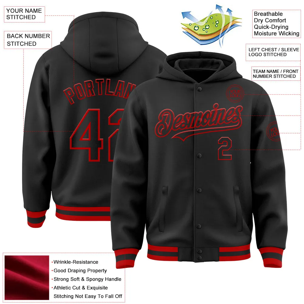 Custom Black Red Bomber Full-Snap Varsity Letterman Hoodie Jacket