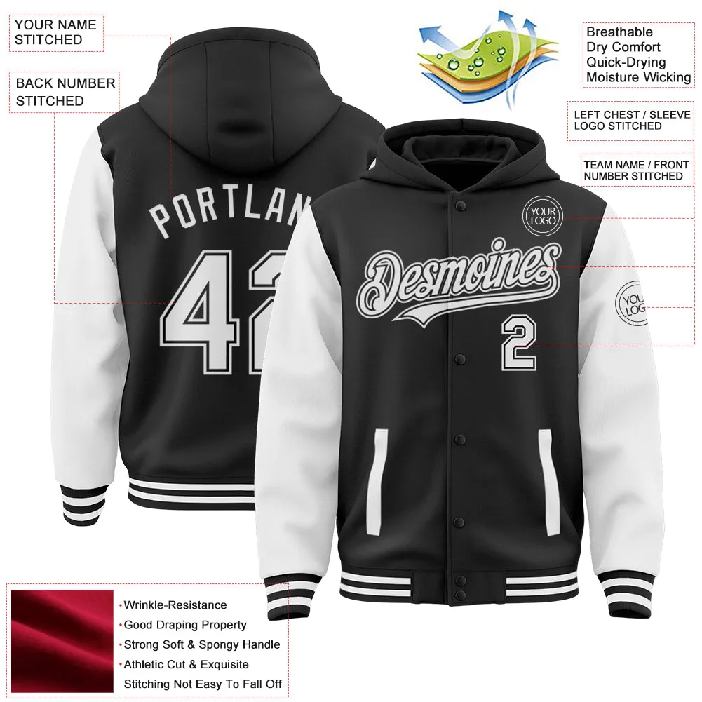 Custom Black White Bomber Full-Snap Varsity Letterman Two Tone Hoodie Jacket