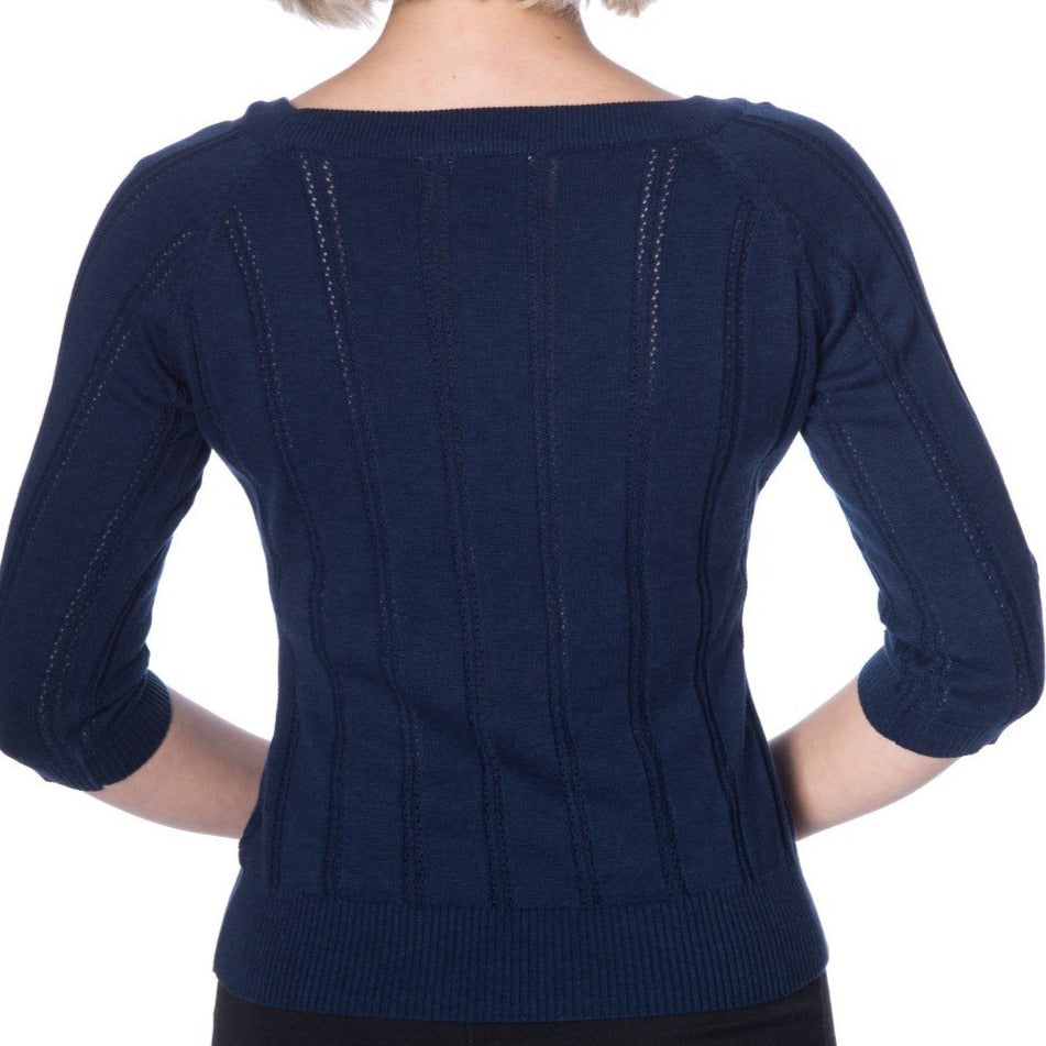 Dark Navy Blue Vintage 3/4 Sleeve Knitted Tie Detail Top