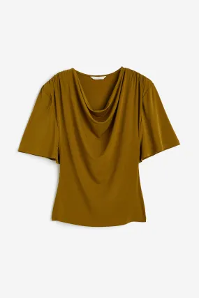 Draped jersey top - Cowl neck - Short sleeve - Dark khaki green - Ladies | H&M GB