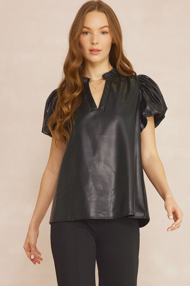 Faux Leather Ruffle Detail V- Neck Top - Black