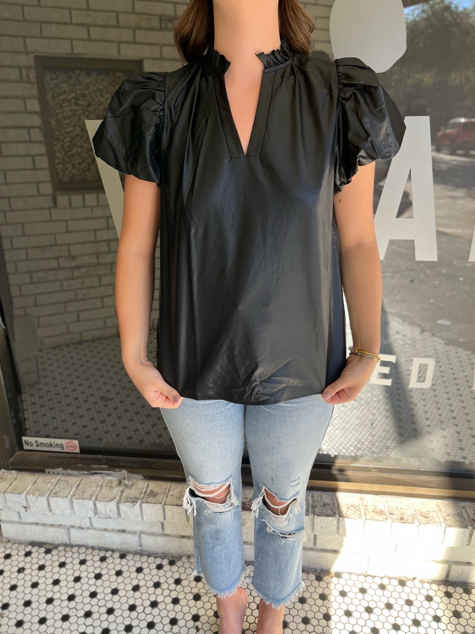 Faux Leather Ruffle Detail V- Neck Top - Black