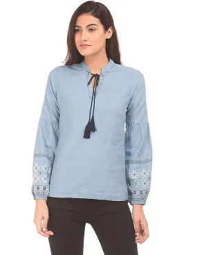 Flying Machine Women Light Blue Chambray Embroidered Peasant Top