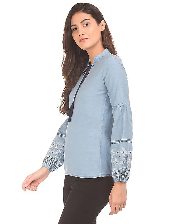 Flying Machine Women Light Blue Chambray Embroidered Peasant Top