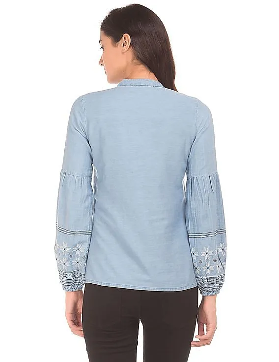 Flying Machine Women Light Blue Chambray Embroidered Peasant Top