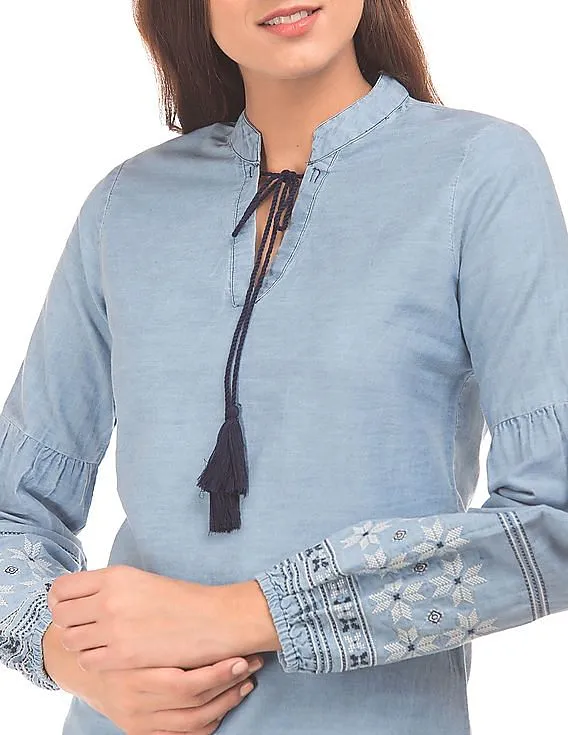 Flying Machine Women Light Blue Chambray Embroidered Peasant Top