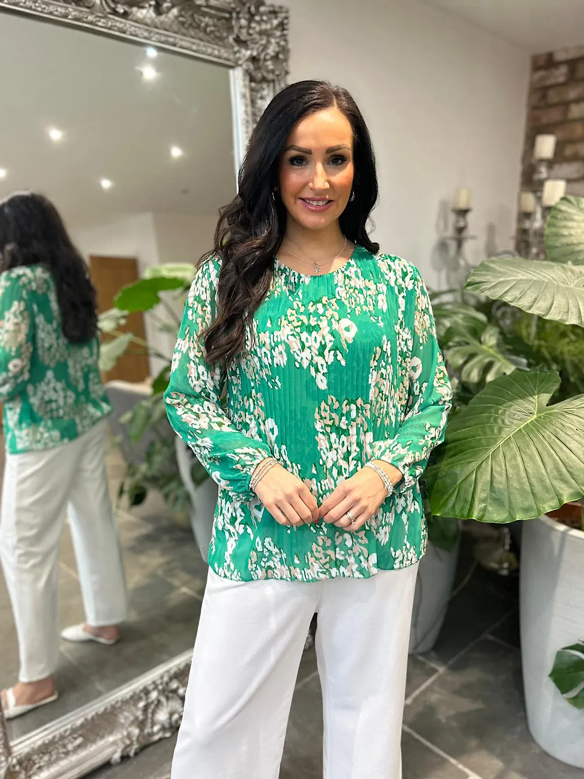 Green Pleated Leopard Blouse Charlotte