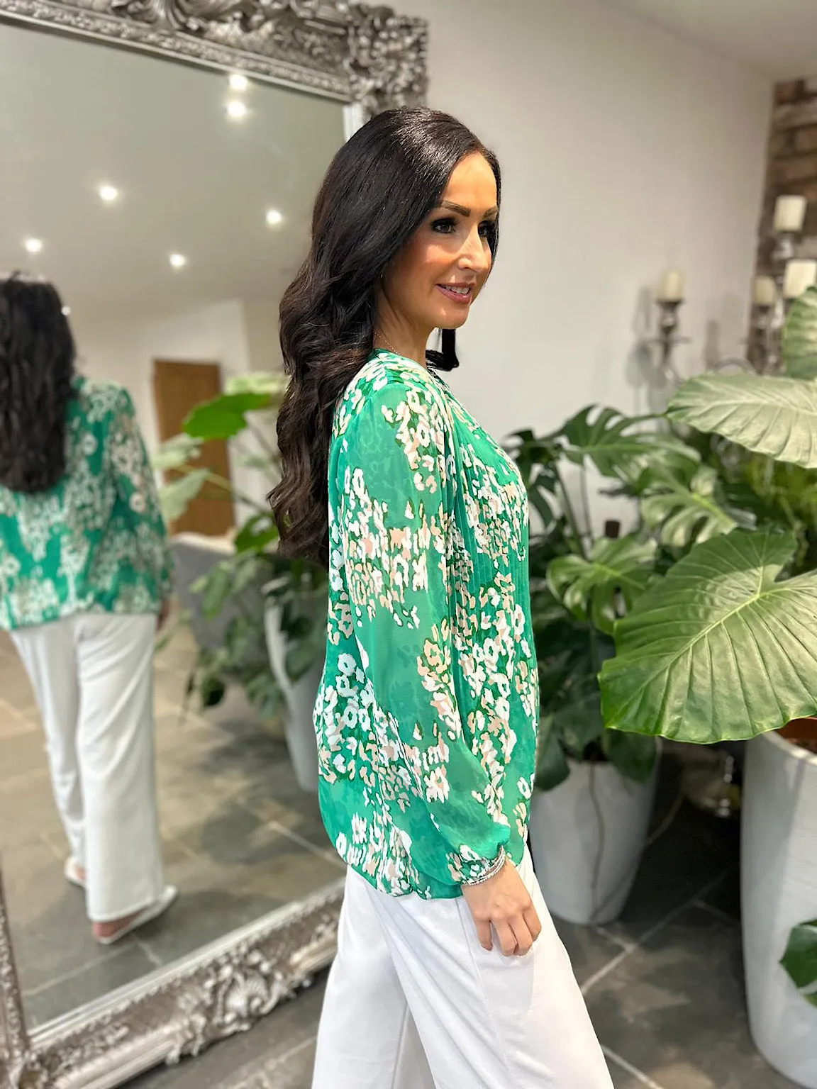 Green Pleated Leopard Blouse Charlotte