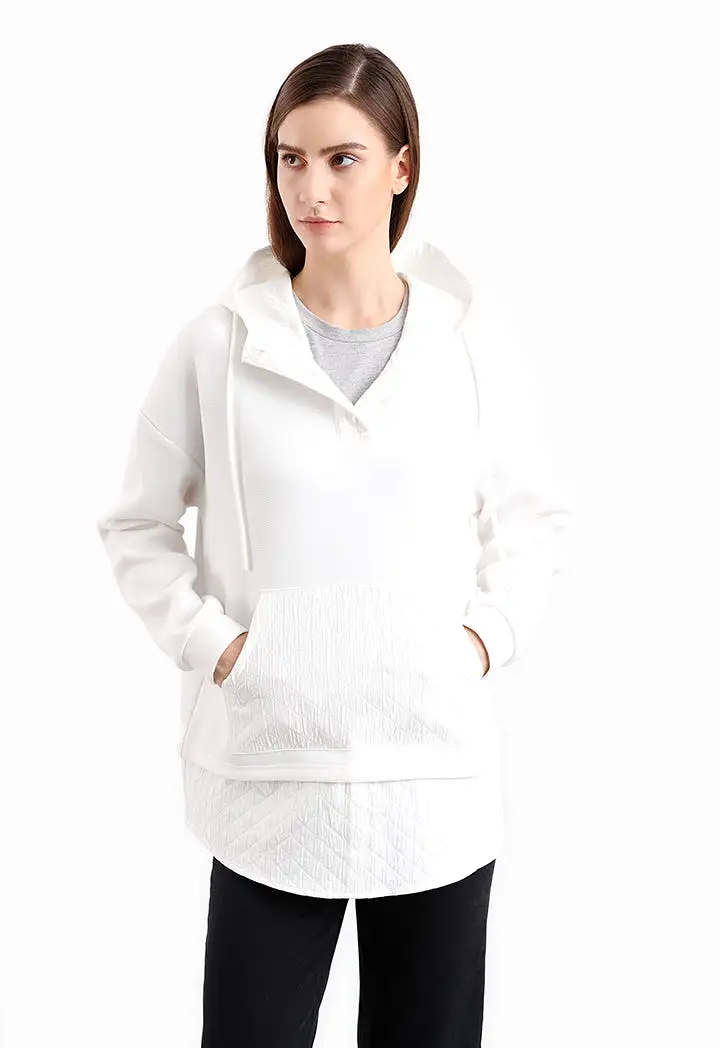 Half Textured Solid Hoodie Blouse