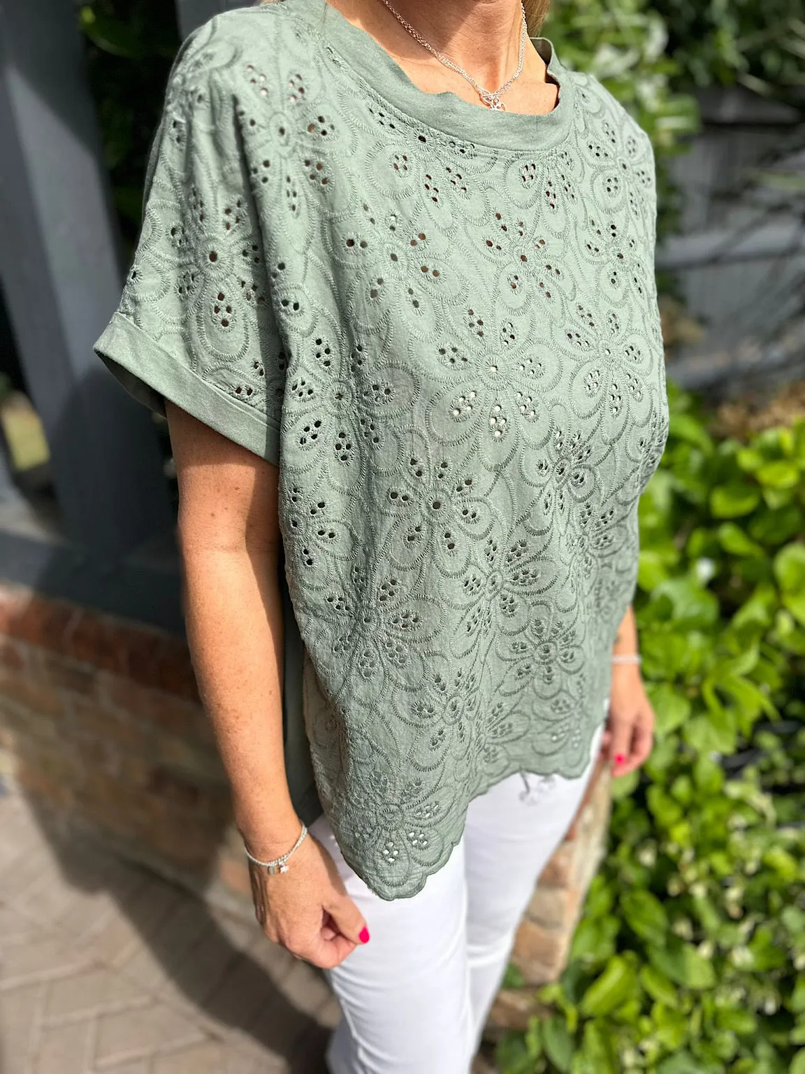 Khaki Broderie Anglaise Flower Top Simone