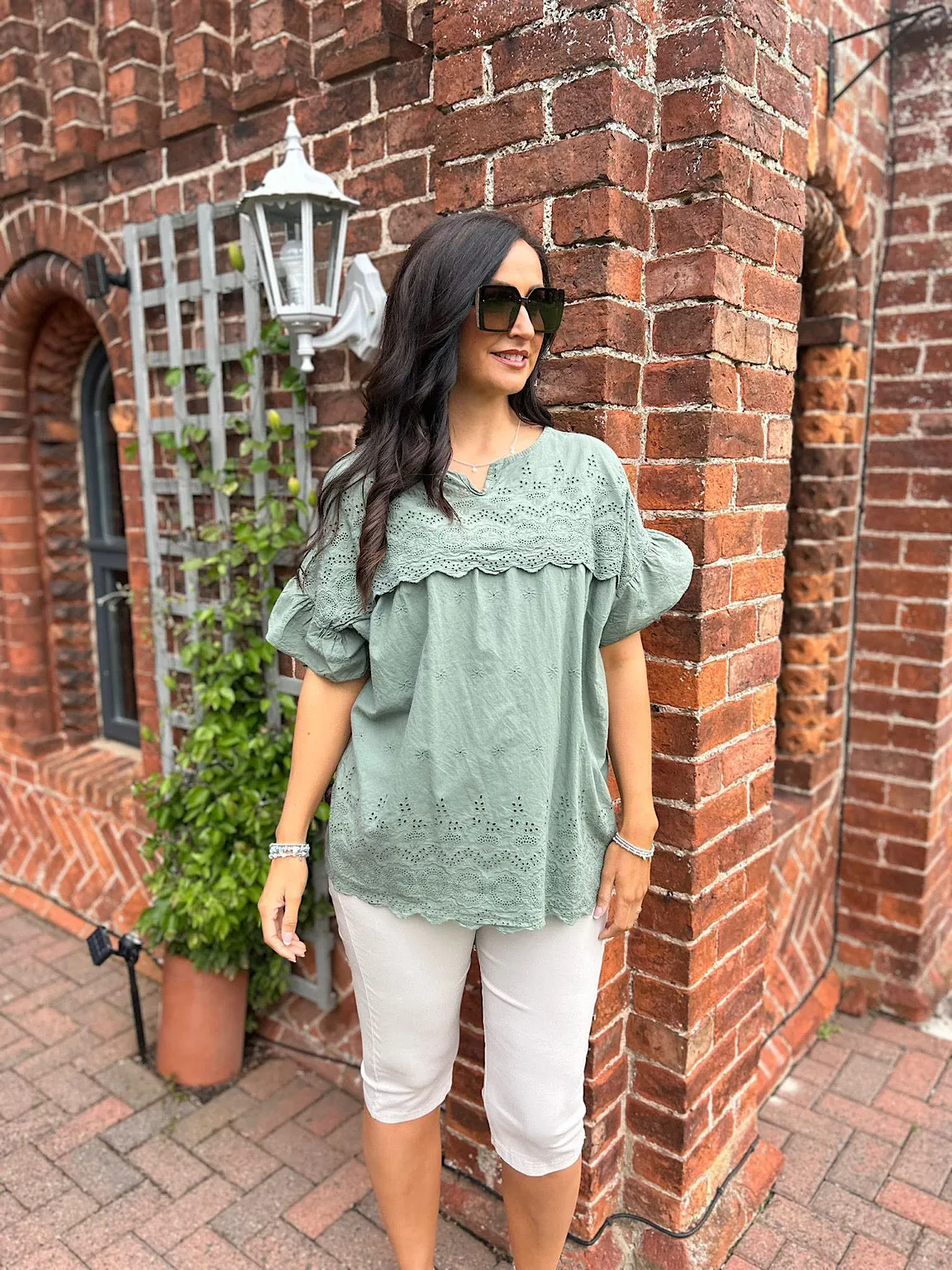 Khaki Broderie Anglaise Frill Sleeve Top Moira