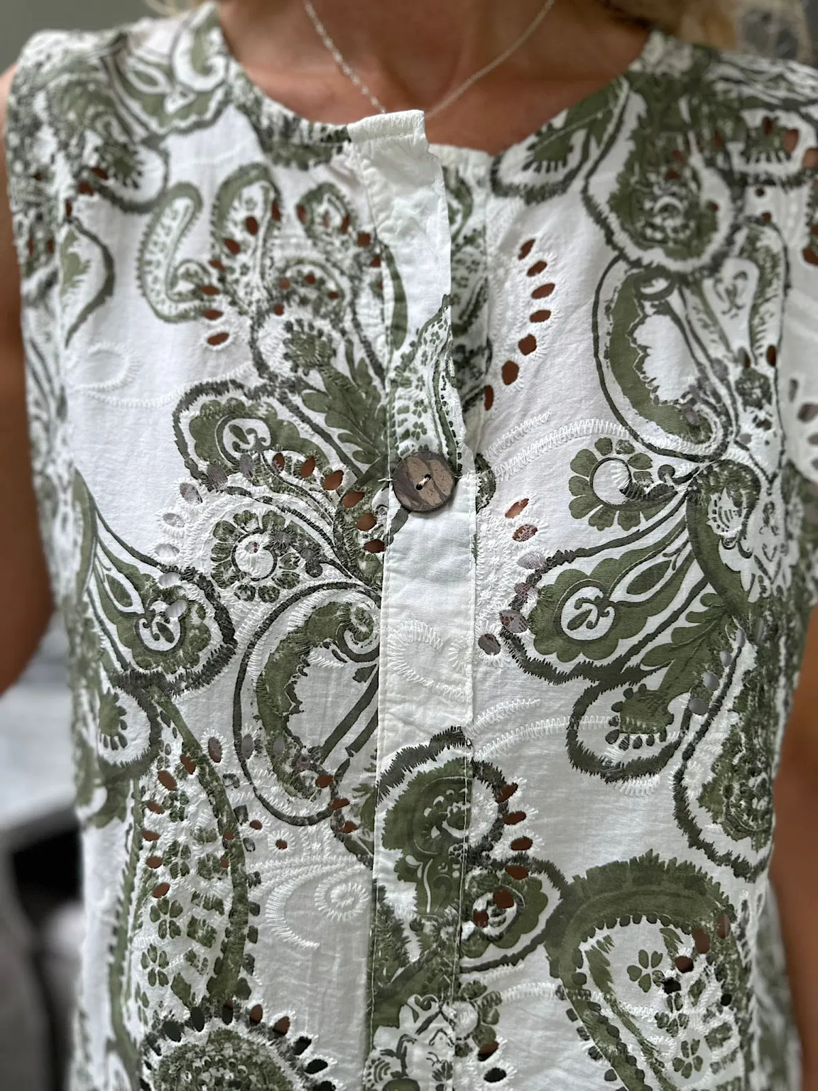 Khaki Broderie Sleeve Paisley Top Maria