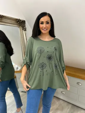 Khaki Diamante Dandelion Pattern Top Tanya