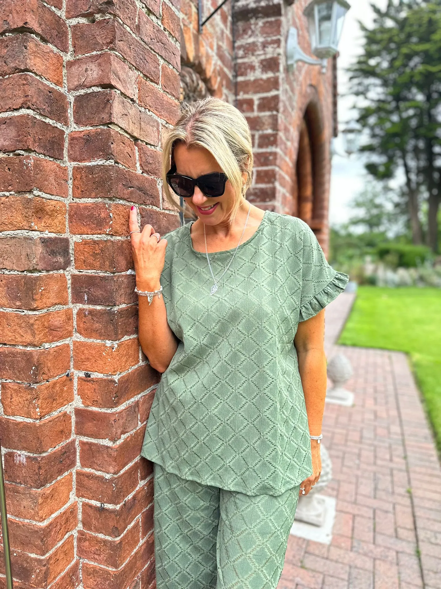 Khaki Diamond Frill Sleeve Top Thalia