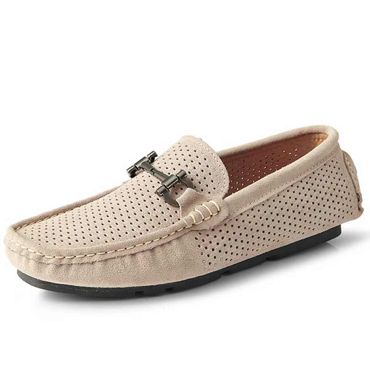 Khaki hollow cut top metal buckle slip on shoe loafer