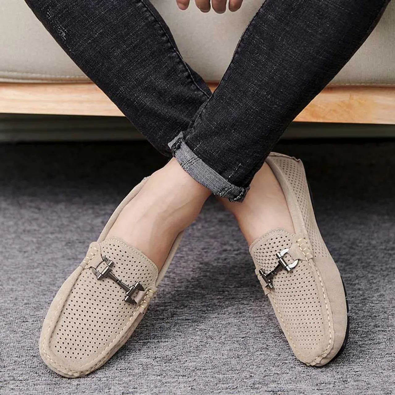 Khaki hollow cut top metal buckle slip on shoe loafer