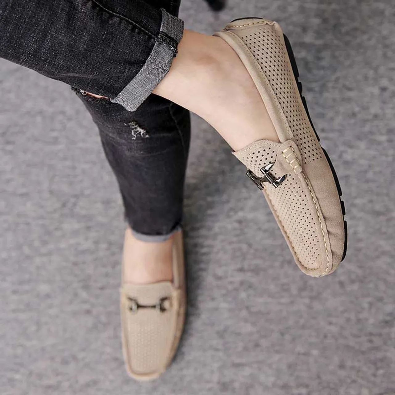 Khaki hollow cut top metal buckle slip on shoe loafer