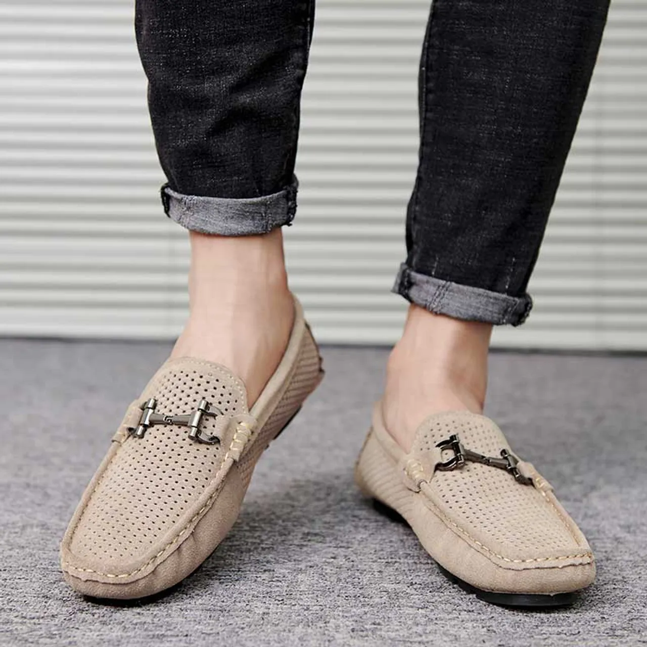 Khaki hollow cut top metal buckle slip on shoe loafer