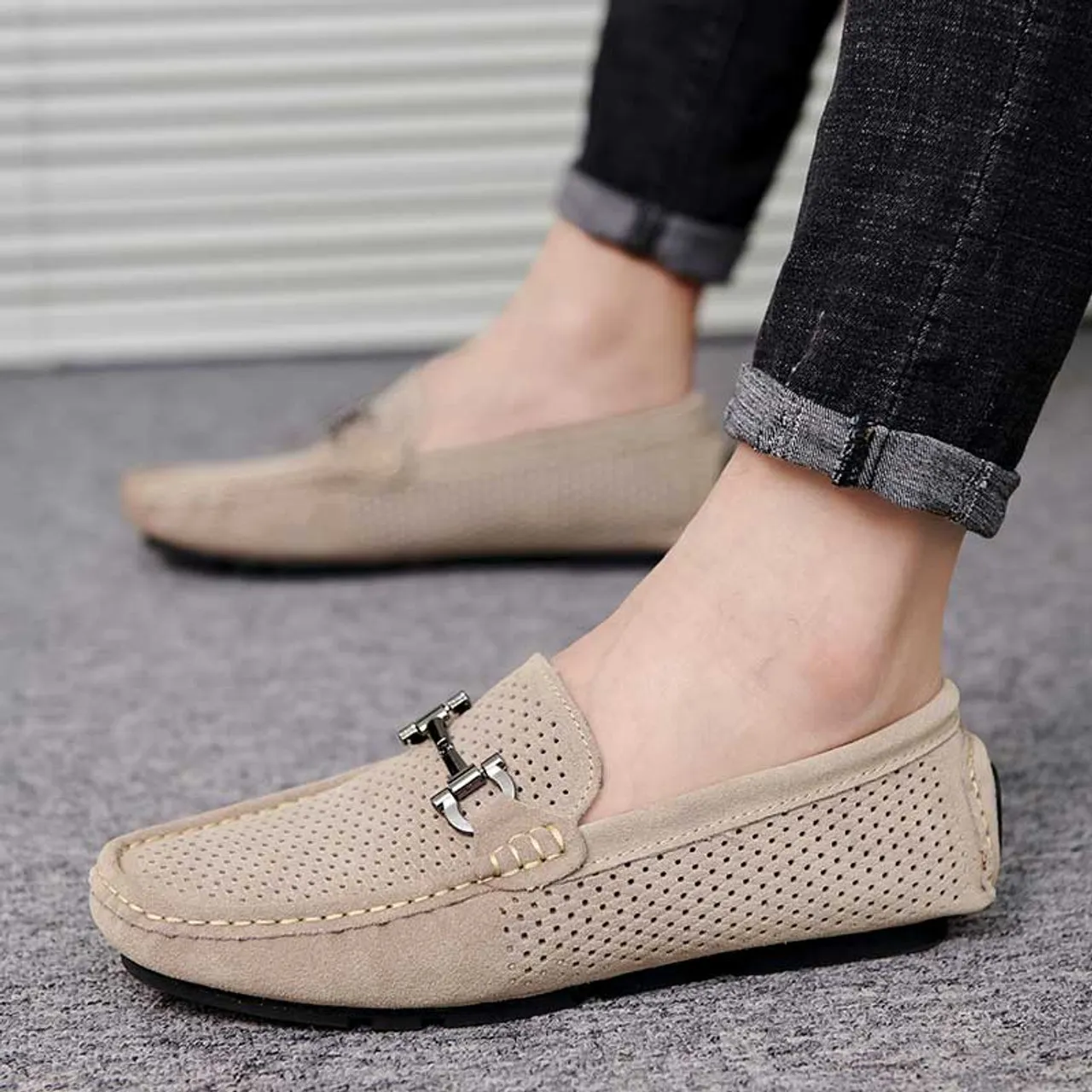 Khaki hollow cut top metal buckle slip on shoe loafer