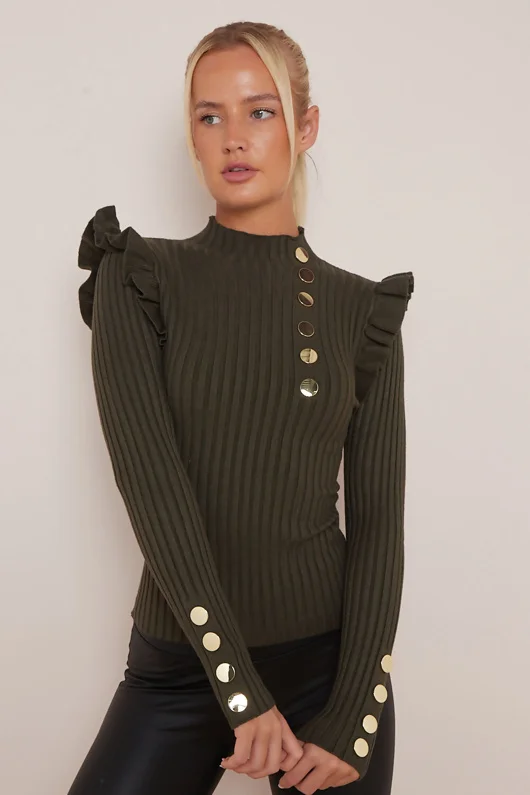 Khaki Knitted Frill Sleeve Gold Button Top