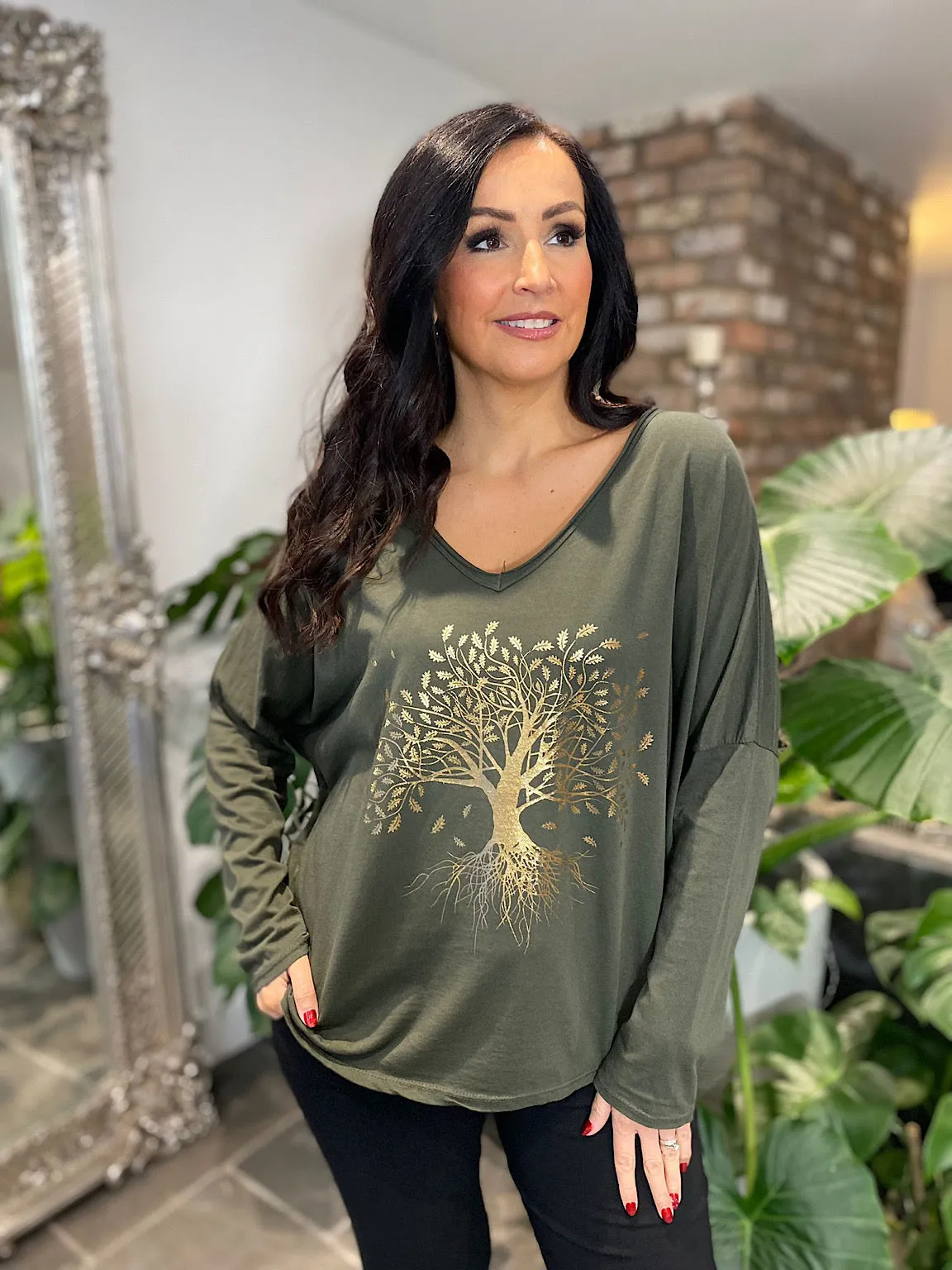 Khaki Metallic Tree of Life Top Tanya