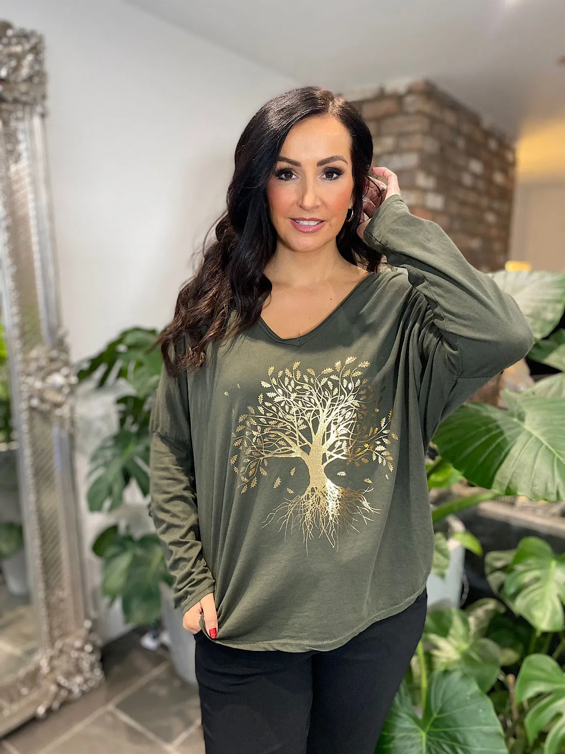 Khaki Metallic Tree of Life Top Tanya