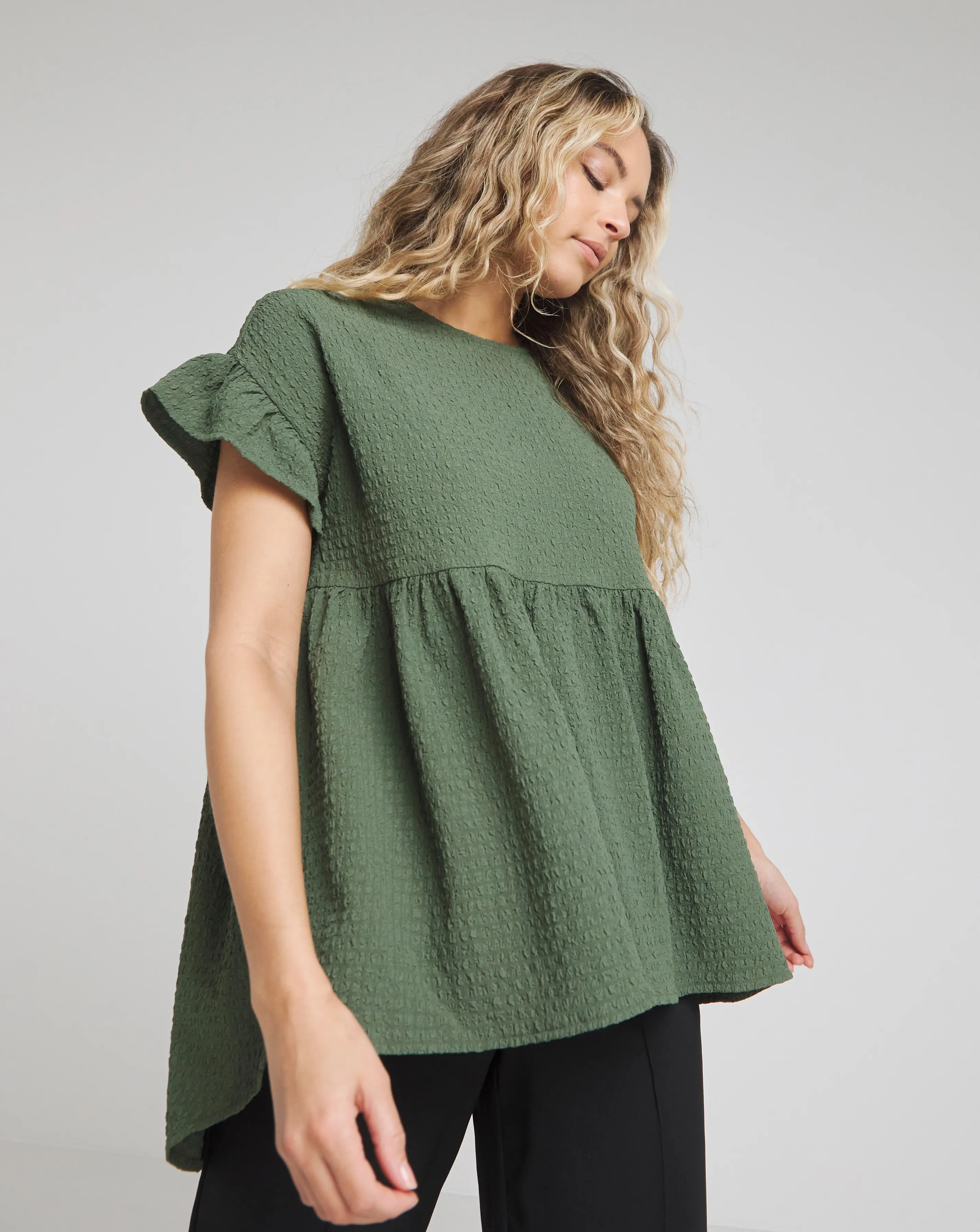 Khaki Short Frill Sleeve Textured Smock Top | Simply Be