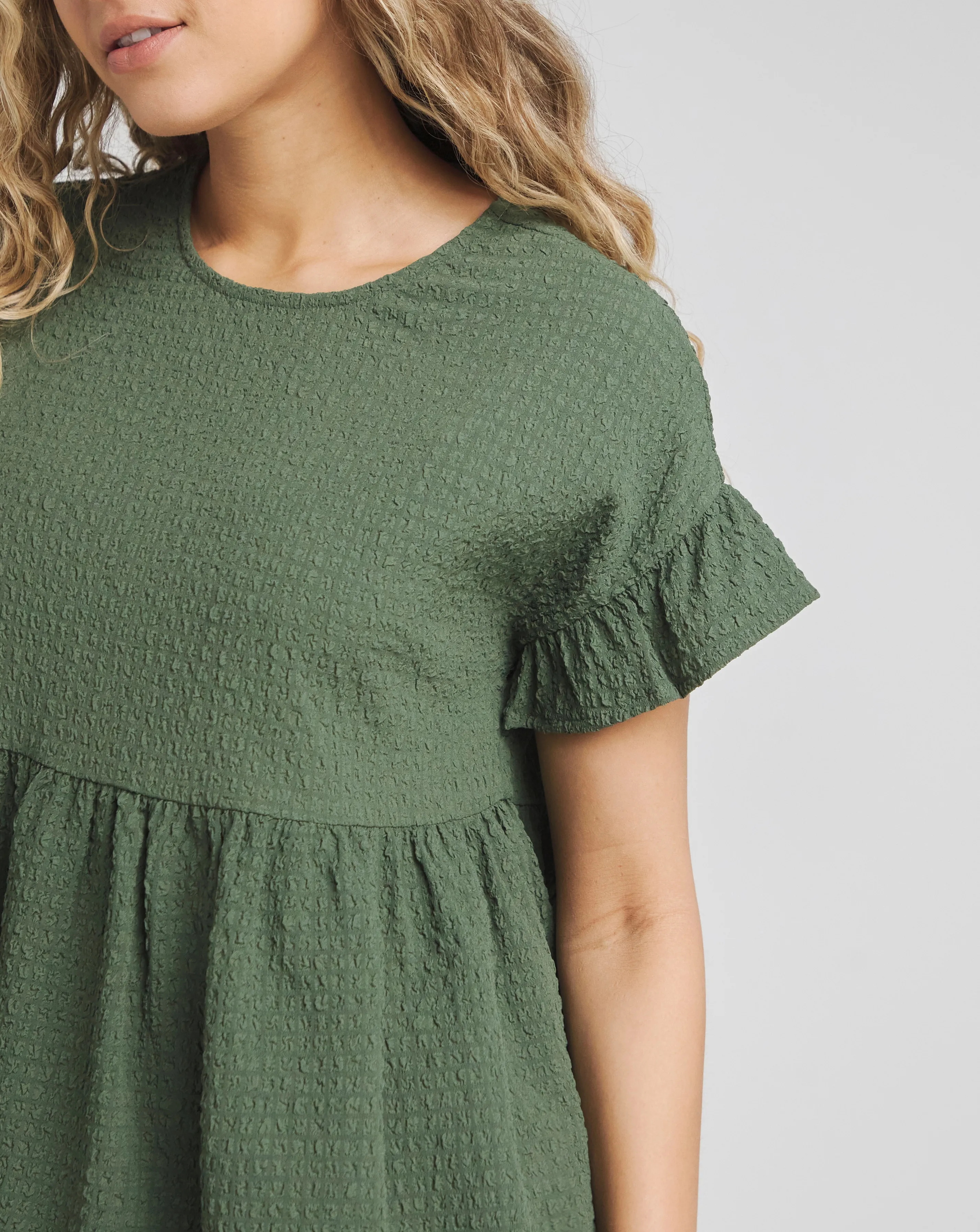 Khaki Short Frill Sleeve Textured Smock Top | Simply Be