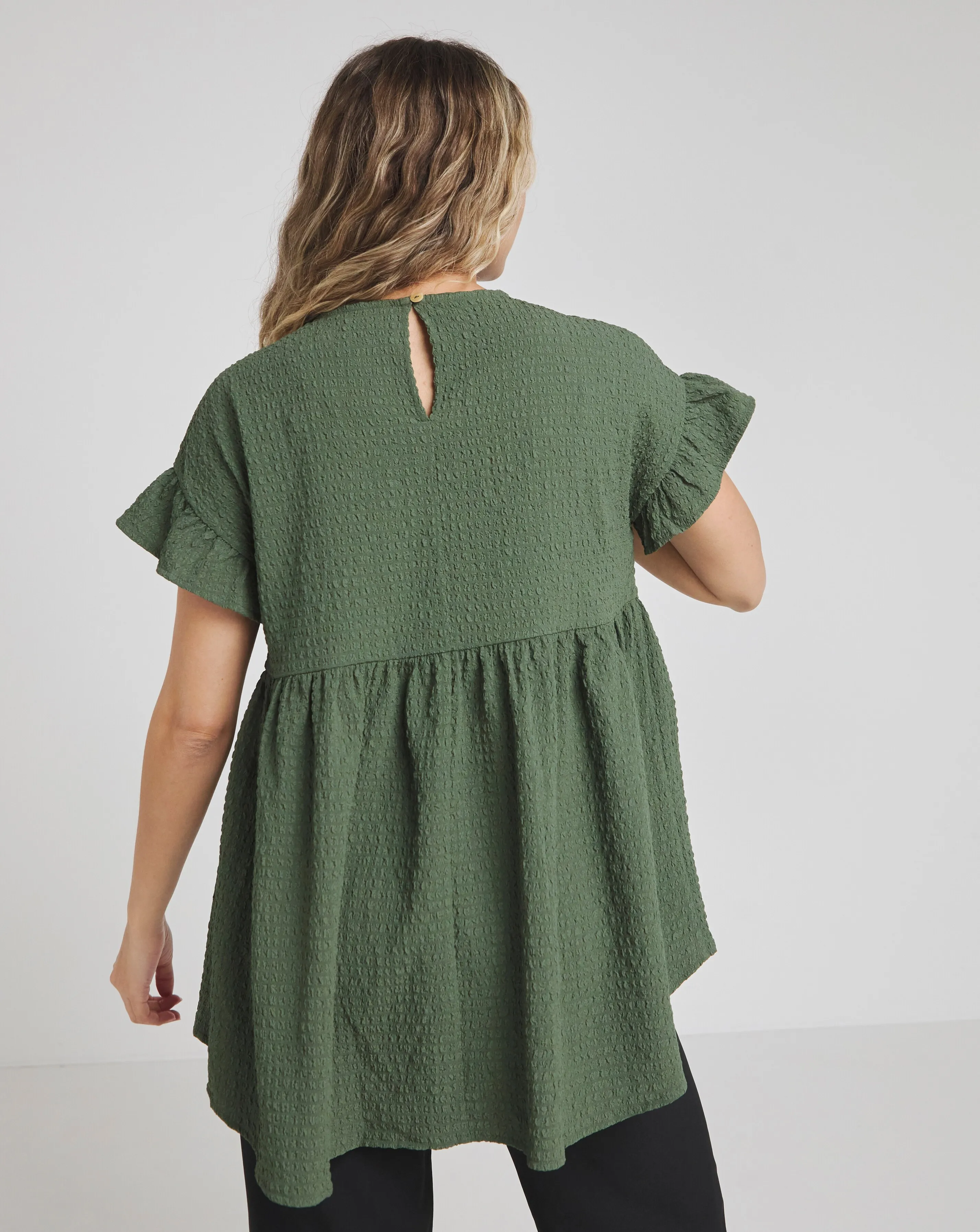 Khaki Short Frill Sleeve Textured Smock Top | Simply Be