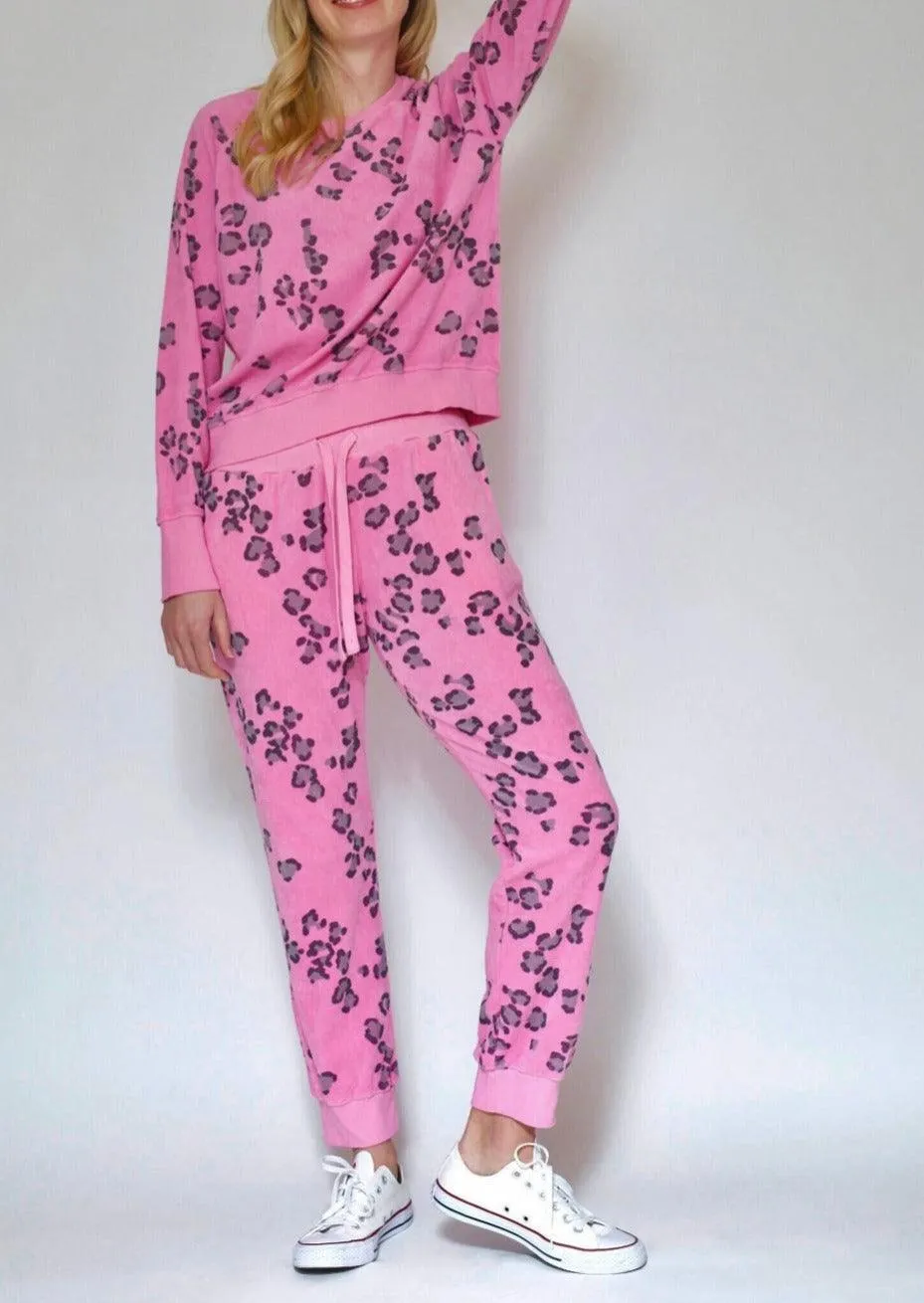 Leopard Terry Joggers in Neon Pink